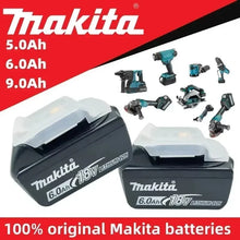 Makita battery packaging, black-red-white design with 5.0Ah–9.0Ah features