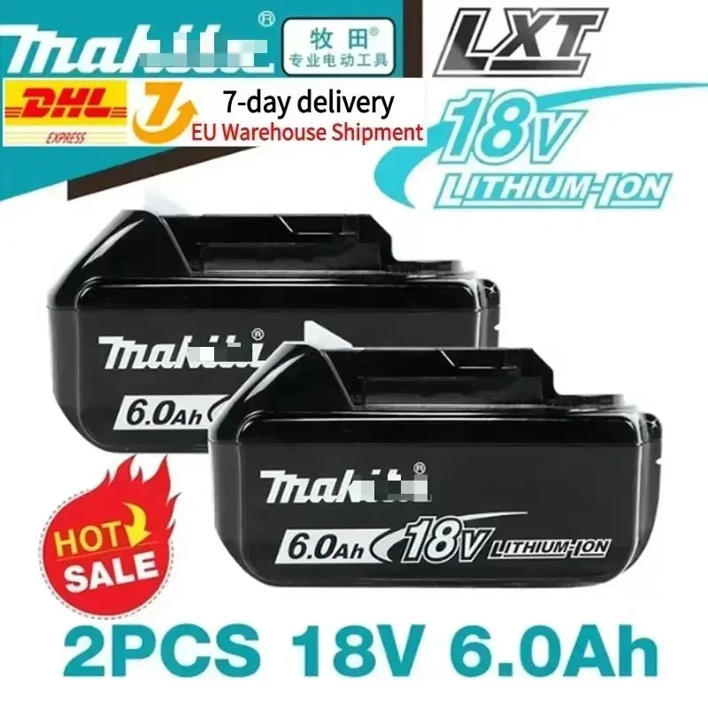 Makita battery pack packaging with 18V 6.0Ah lithium-ion and LED indicator