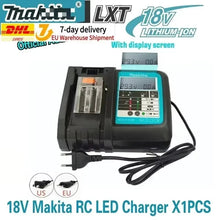 Makita 18V RC LED charger packaging in black and blue with LED display