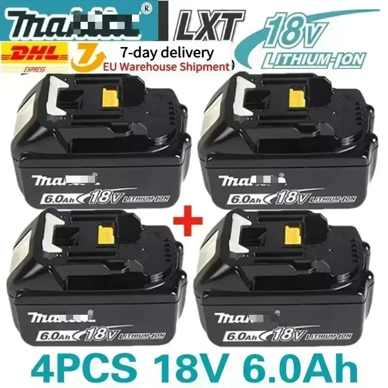Makita 18V 6Ah battery packaging in black and yellow, rechargeable 4-pack