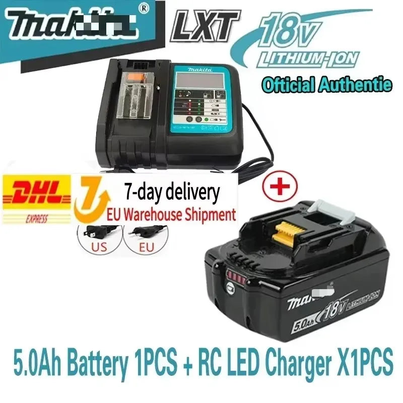 Makita battery and RC LED charger in black, blue, and white, packaging