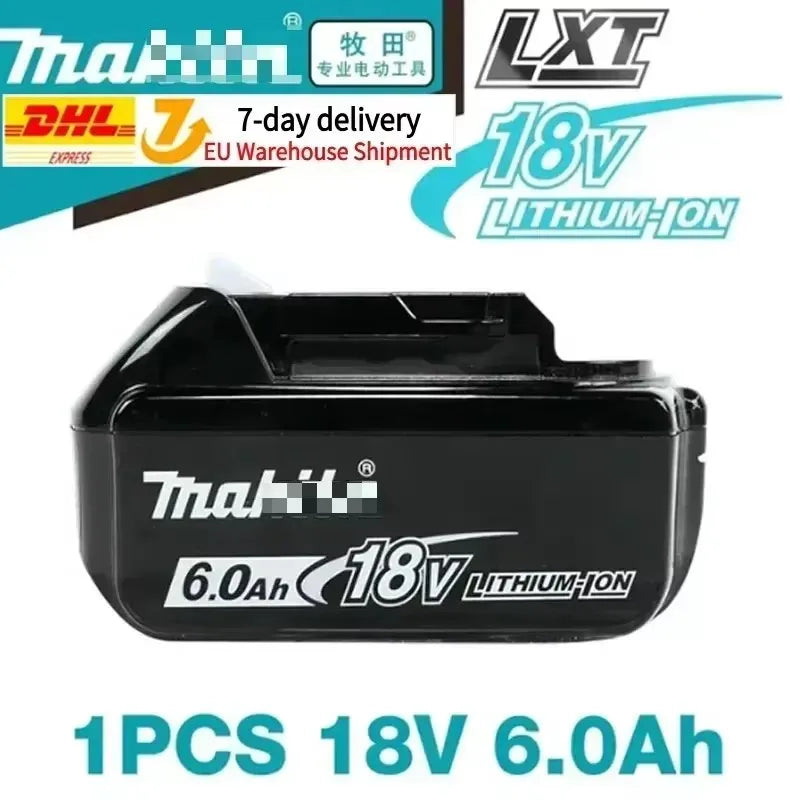 Makita battery in black with 18V and 6.0Ah capacity, packaging view