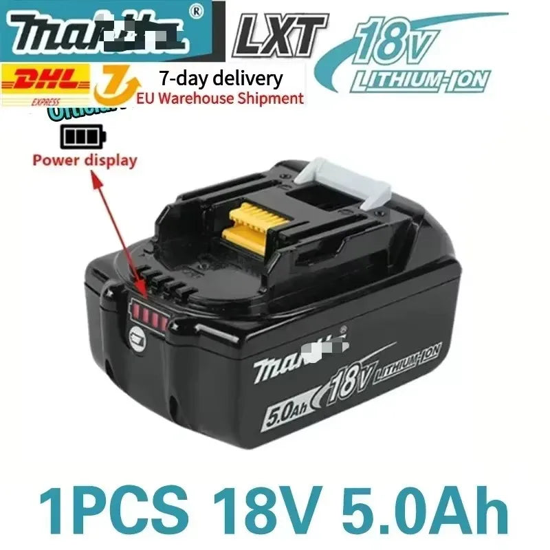 Makita rechargeable battery in black, 5.0Ah capacity with LED indicator, packaging