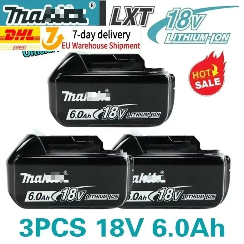 Makita battery pack in black with 18V and 6.0Ah capacity, packaging view