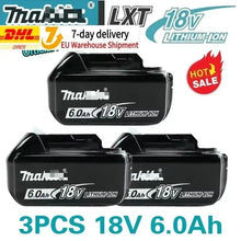 Makita battery pack in black with 18V and 6.0Ah capacity, packaging view