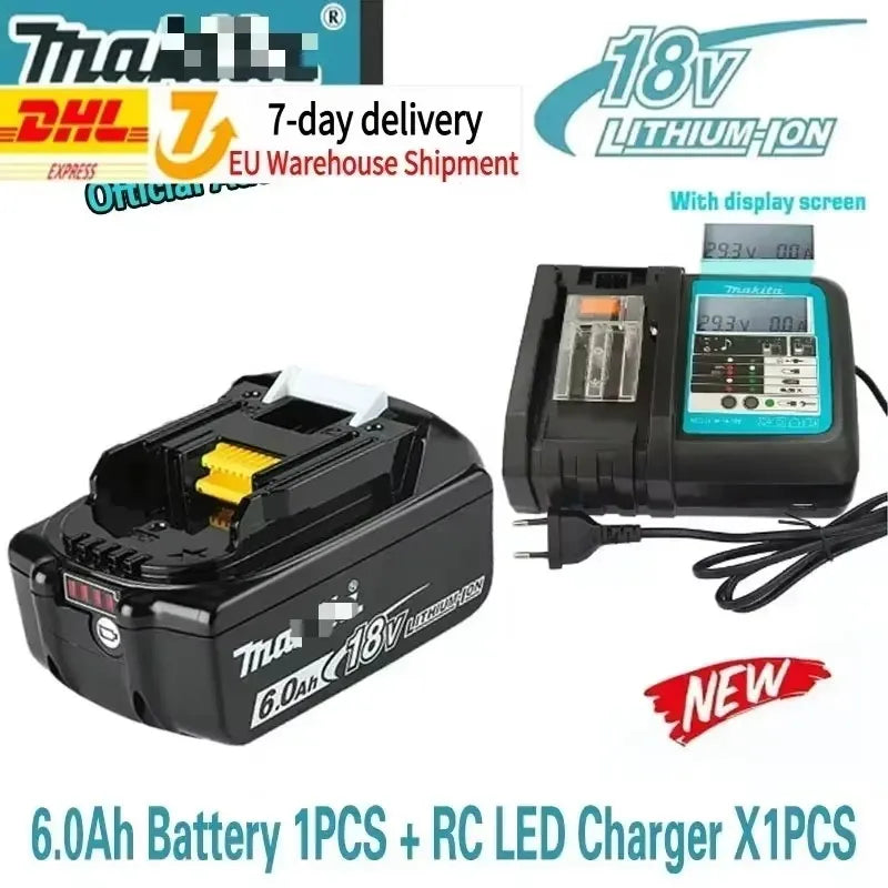 Makita battery and RC LED charger in black, blue, and white, packaging