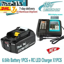 Makita battery and RC LED charger in black, blue, and white, packaging