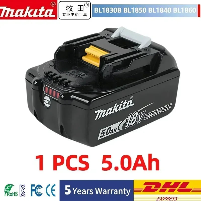 Makita battery pack detail, 5.0Ah capacity shown in black and yellow
