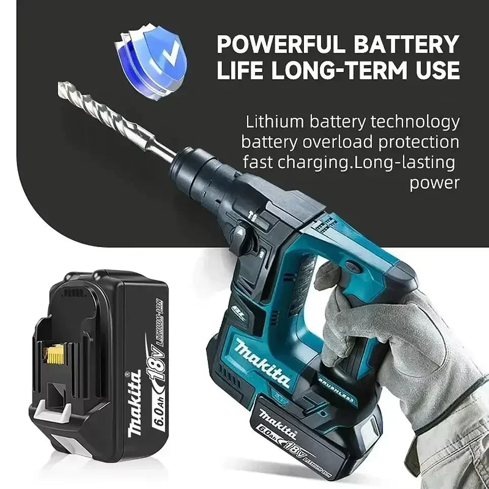 Makita 18V battery close-up detail, black body with LED indicator