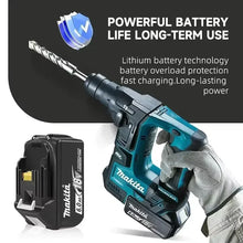 Makita 18V battery close-up detail, black body with LED indicator