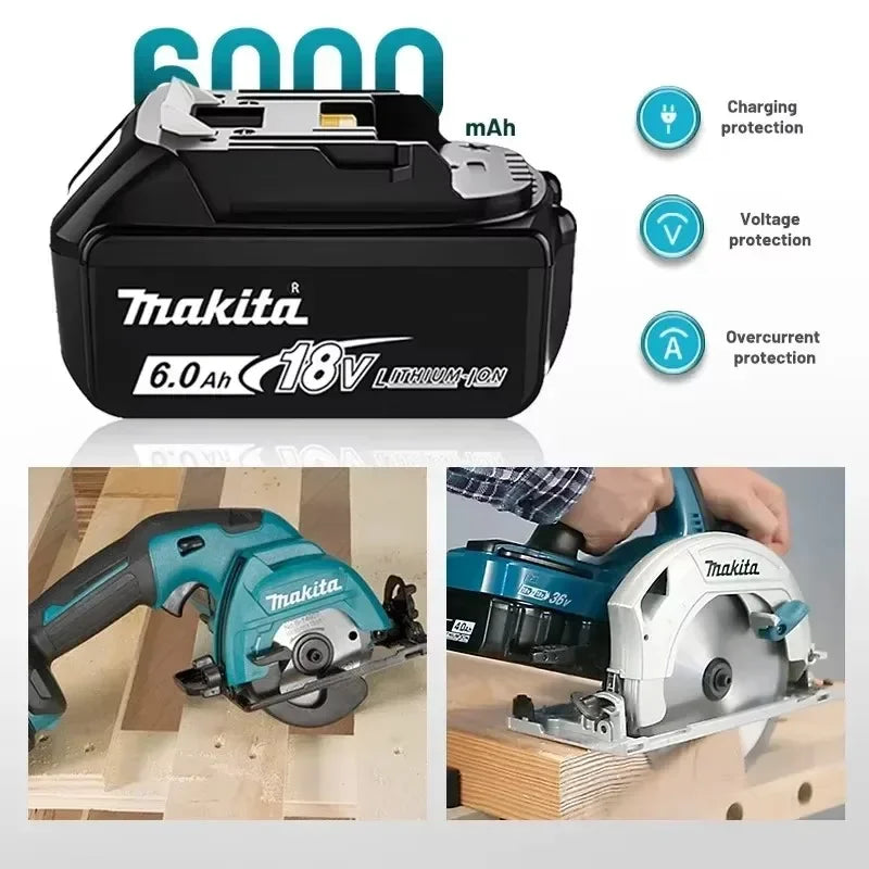 Makita 18V battery detail, compact black and blue design with LED indicator