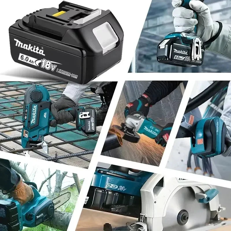 Makita 18V battery lifestyle shot with compatible tools, black and blue