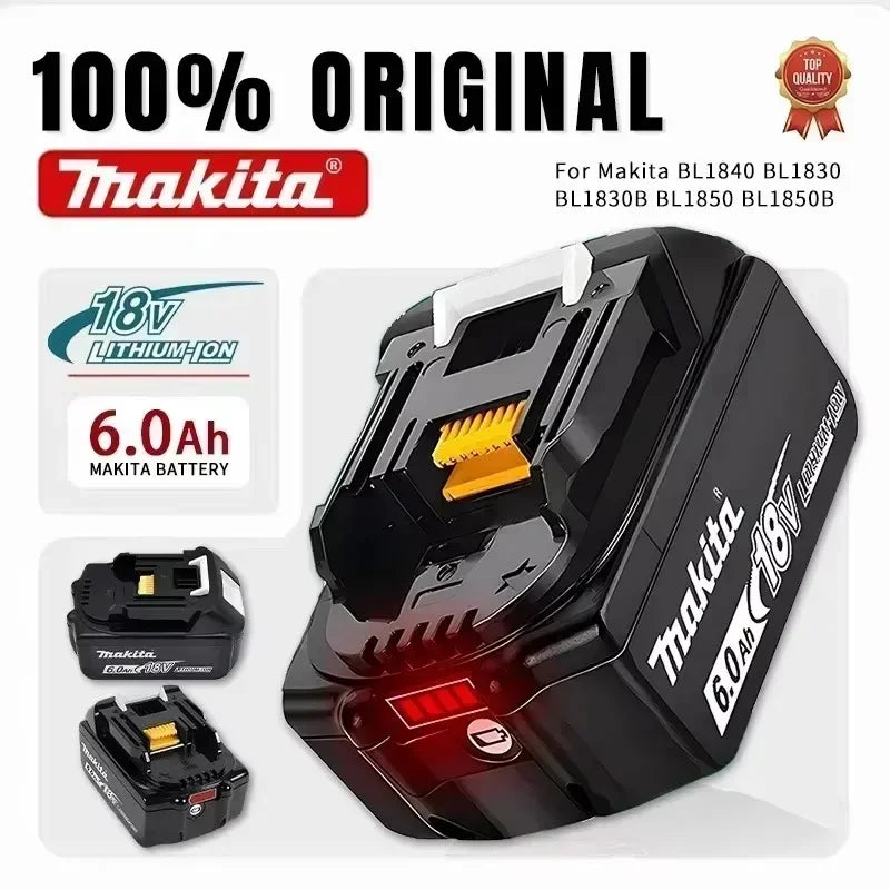 Makita 18V 6.0Ah battery packaging, black and yellow with LED indicator