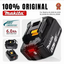 Makita 18V 6.0Ah battery packaging, black and yellow with LED indicator