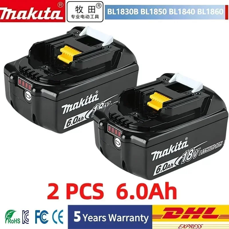 Makita 18V 6.0Ah battery packs front view, two packs with LED