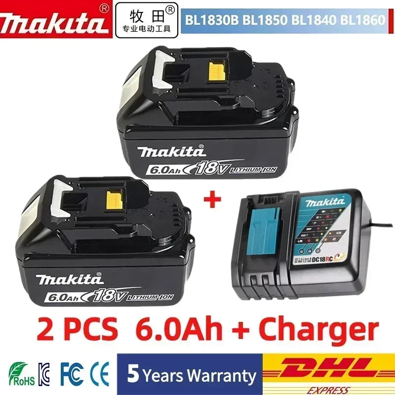 Packaging showing two Makita 6.0Ah batteries and charger, LED indicator