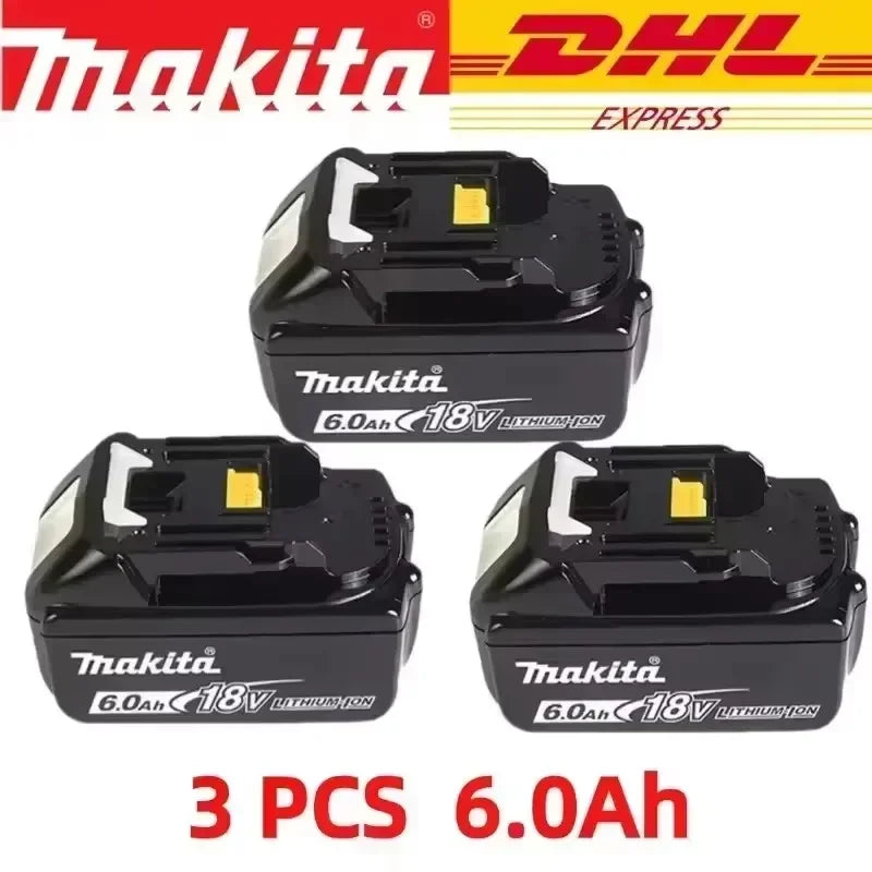 Packaging showing three Makita battery packs, 6.0Ah with LED indicator