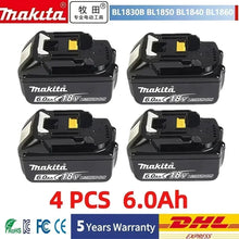 Packaging showing four Makita battery packs, 6.0Ah with LED indicator