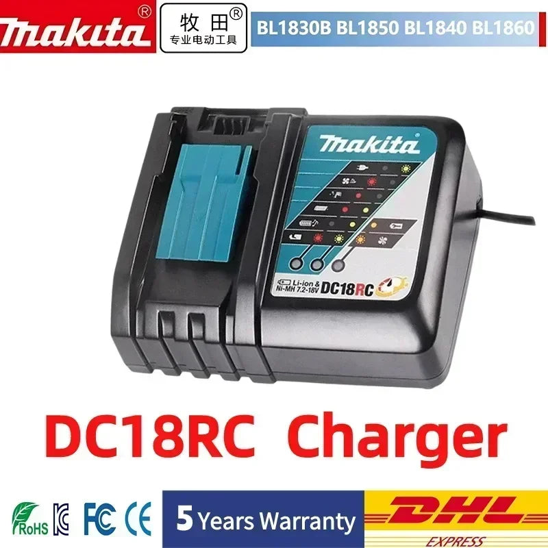 Makita 18V 6.0Ah battery front view, black case with LED indicator