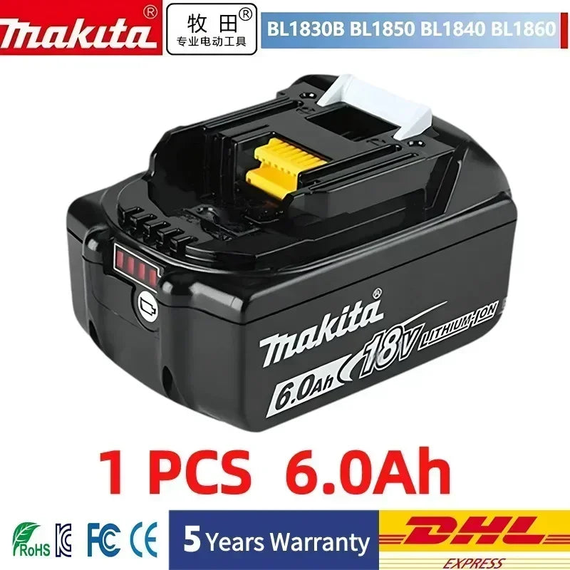 Makita 18V 6.0Ah battery pack front view, black and yellow with LED