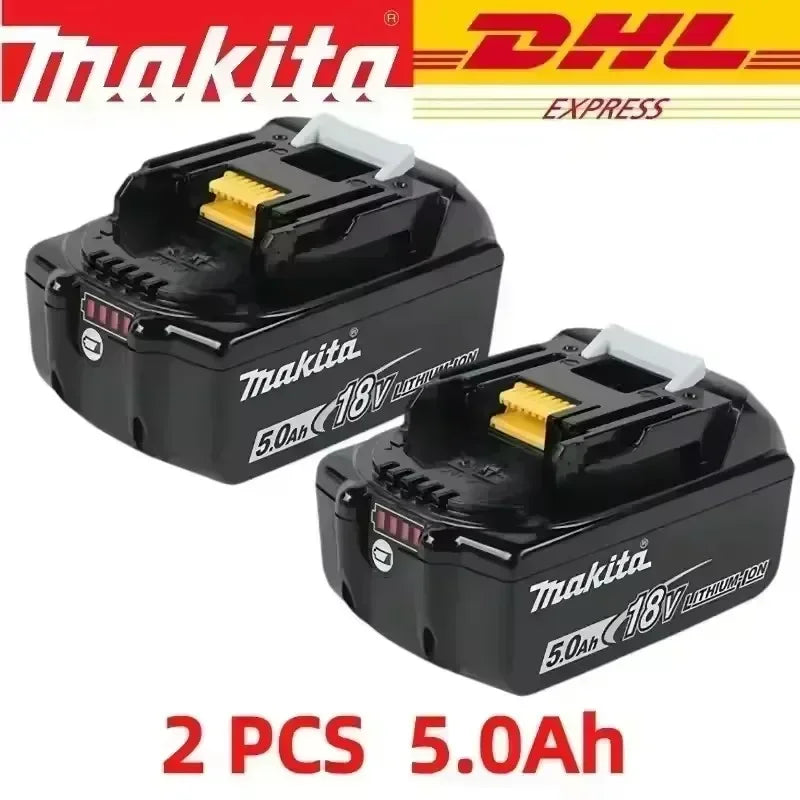 Makita battery packs front view, four packs with LED indicator on white
