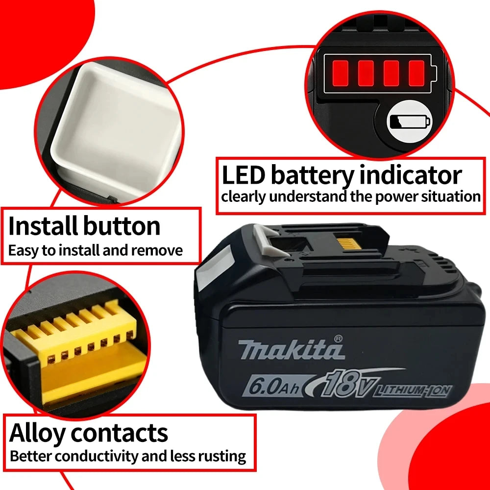 Makita 18V battery feature close-up with LED indicator and metal contacts