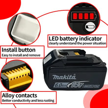 Makita 18V battery feature close-up with LED indicator and metal contacts