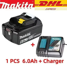 Makita 18V battery and charger front view, black blue yellow with LED indicator