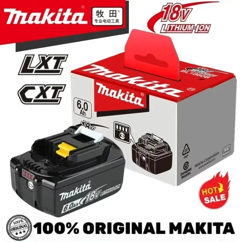 Makita 18V 6Ah battery packaging, black red and white branding
