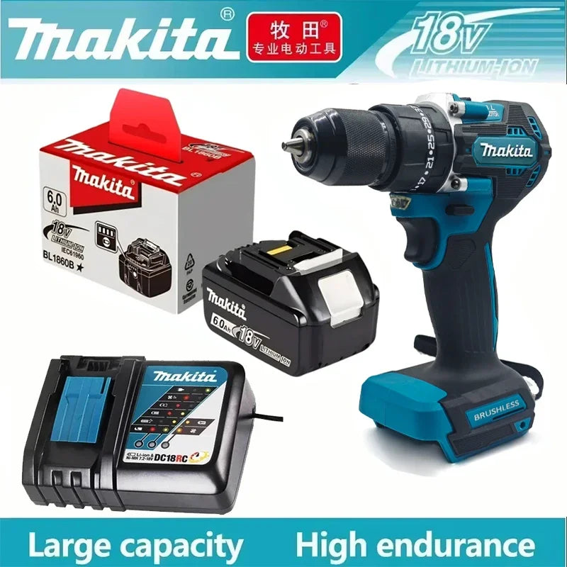 Makita drill set packaging, black blue red box with battery shown