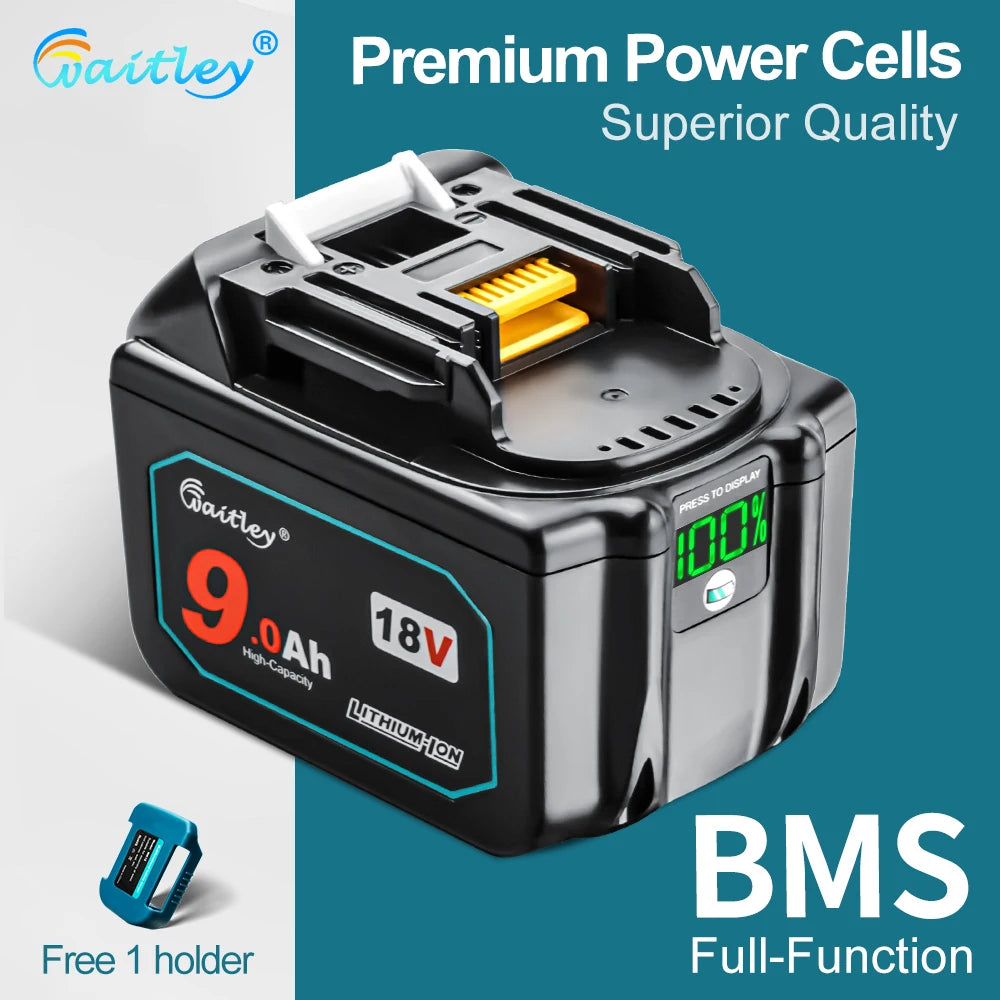 Waitley 18V 9Ah battery black and orange close-up with BMS