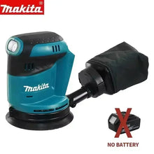 Makita DBO180Z front view with dust bag, compact cordless sander on white background