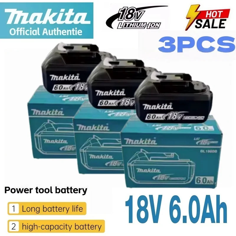 Makita 18V 6.0Ah battery set packaging, three batteries in blue and black