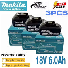Makita 18V 6.0Ah battery set packaging, three batteries in blue and black