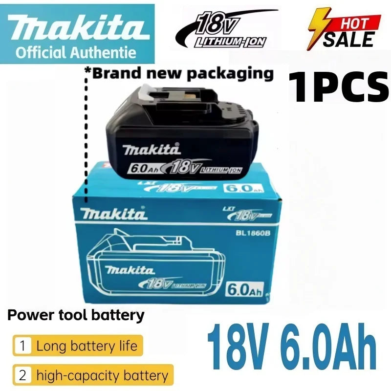 Makita 18V 6.0Ah battery packaging, 18V and 6.0Ah specs in blue and black