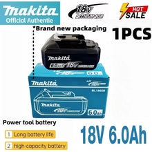 Makita 18V 6.0Ah battery packaging, 18V and 6.0Ah specs in blue and black