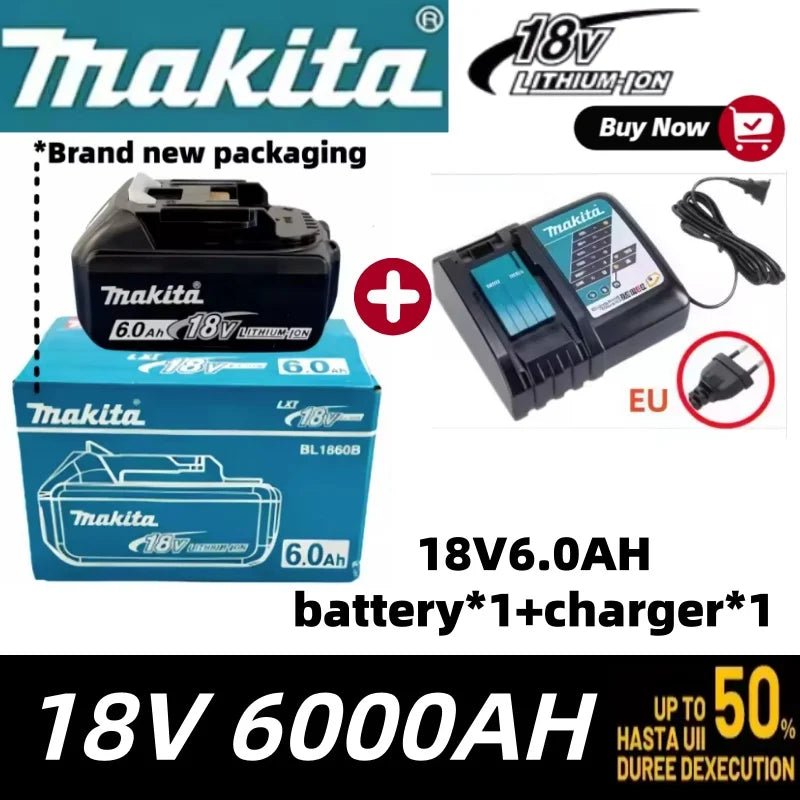 Makita 18V 6.0Ah battery pack packaging, three batteries shown in red and black
