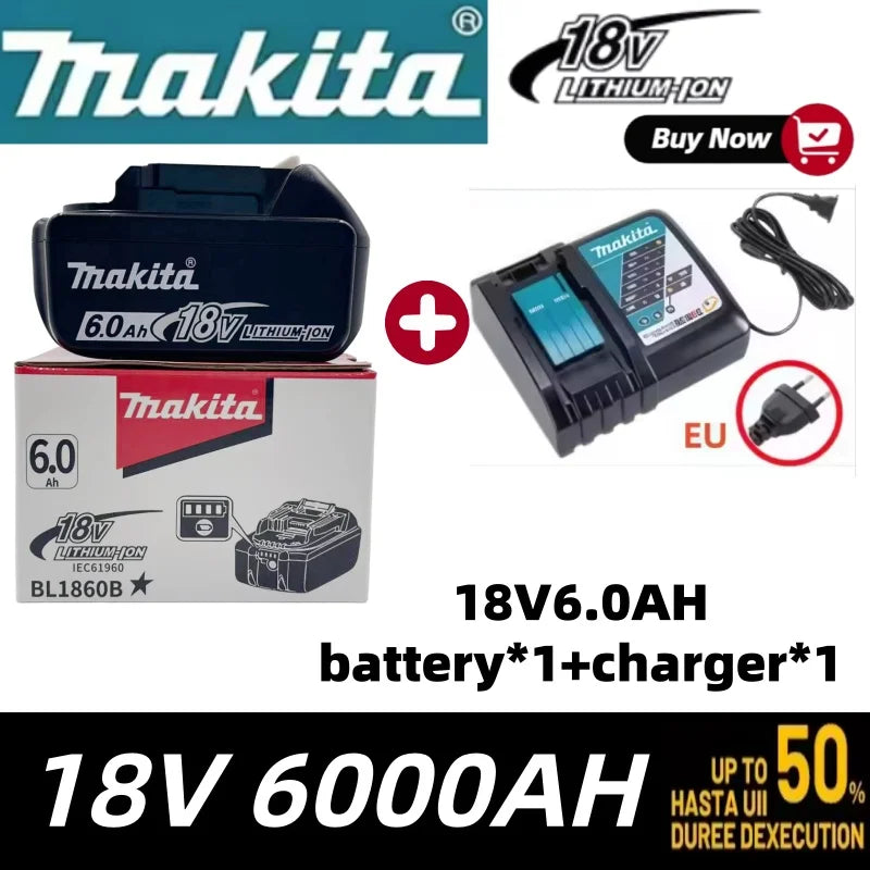 Makita 18V 6.0Ah battery and charger packaging, two batteries with charger included