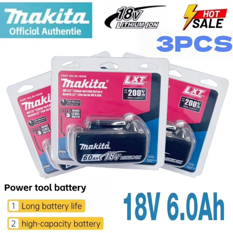 Makita 18V battery pack in blue packaging, 6.0Ah lithium, front packaging view