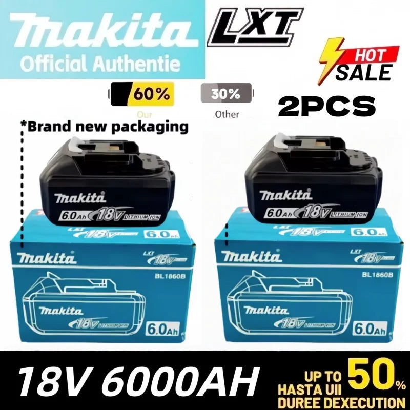 Makita 18V battery pack in black and blue packaging, 6.0Ah lithium, front packaging view