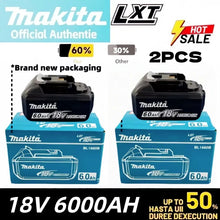 Makita 18V battery pack in black and blue packaging, 6.0Ah lithium, front packaging view