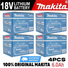 Makita 18V battery pack in blue packaging, 6.0Ah lithium, front packaging view