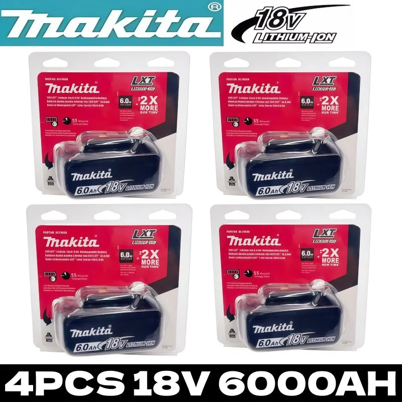 Makita rechargeable batteries in red and black packaging, 6.0Ah lithium, front packaging view