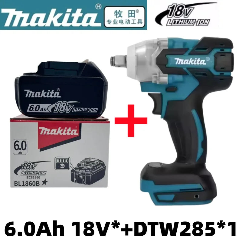 Makita 18V 6.0Ah battery detail close-up, black-and-white feature highlights
