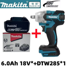Makita 18V 6.0Ah battery detail close-up, black-and-white feature highlights
