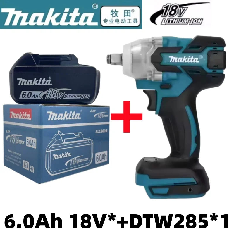 Makita 18V battery and impact driver packaging, blue and black with 6.0Ah