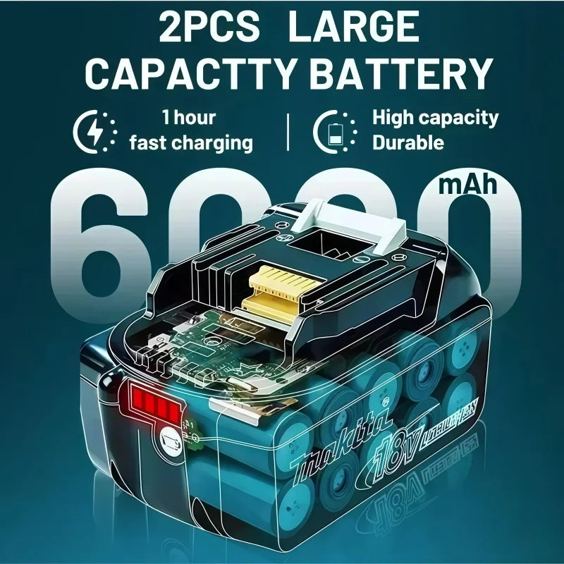 Makita 18V battery detail, large capacity black and green design