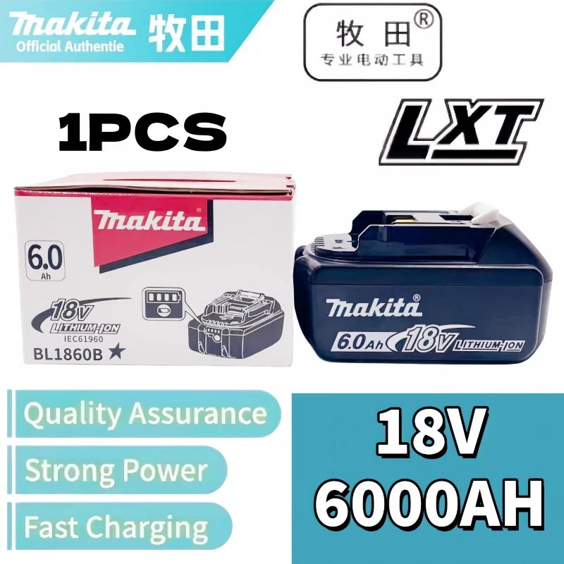Makita 18V 6.0Ah battery packaging, blue and red with 6000mAh label