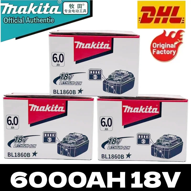 Makita 18V battery pack packaging, three blue packs visible