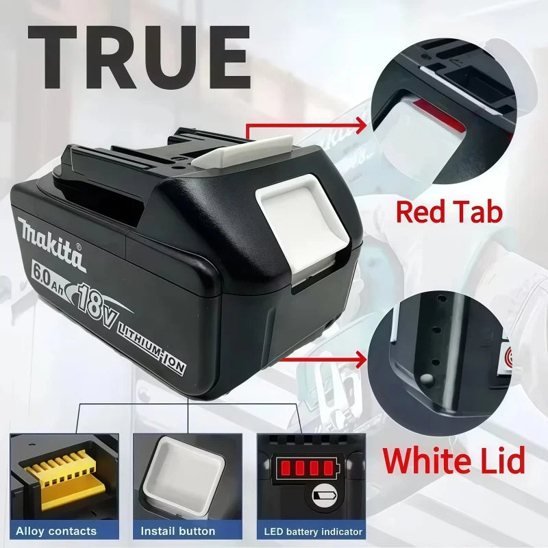 Makita 18V battery close-up, red tab and white lid detail